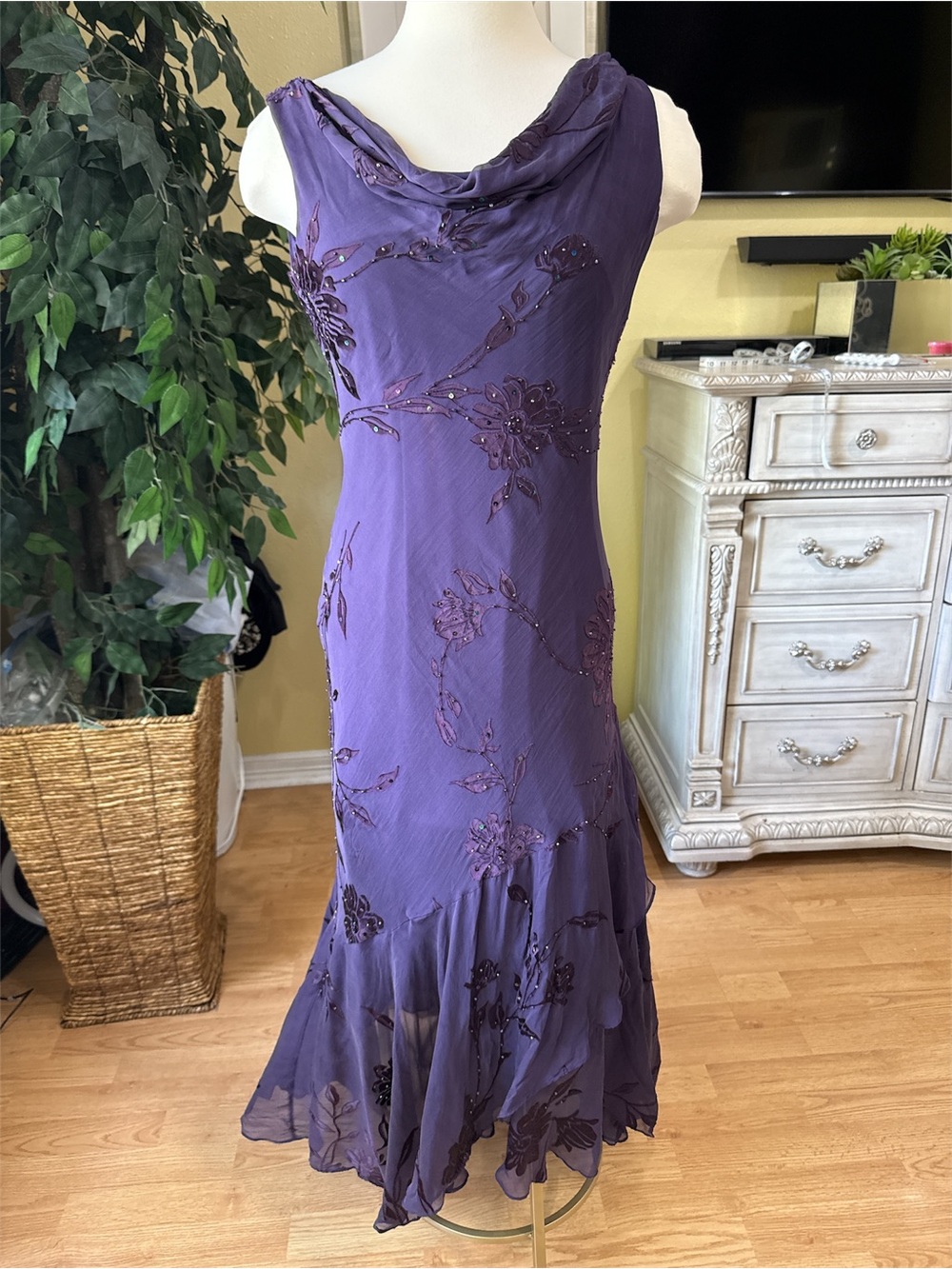 Vintage 90s Martha Lynn Purple Beaded Floral Chiffon Maxi Dress Size 14 Y2K